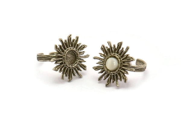 Silver Ring Settings, 2 Antique Silver Plated Brass Sun Ring With 1 Stone Setting - Pad Size 6mm N0831