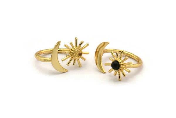 Gold Ring Setting, Gold Plated Brass Moon And Sun Ring With 1 Stone Setting - Pad Size 4mm N1066