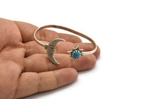 Silver Moon Cuff,  Antique Silver Plated Brass Moon And Star Cuff Stone Setting With 1 Pad -  Pad Size 6mm N1586