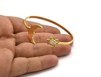 Gold Moon Cuff,  Gold Plated Brass Moon And Star Cuff Stone Setting With 1 Pad -  Pad Size 6mm N1586