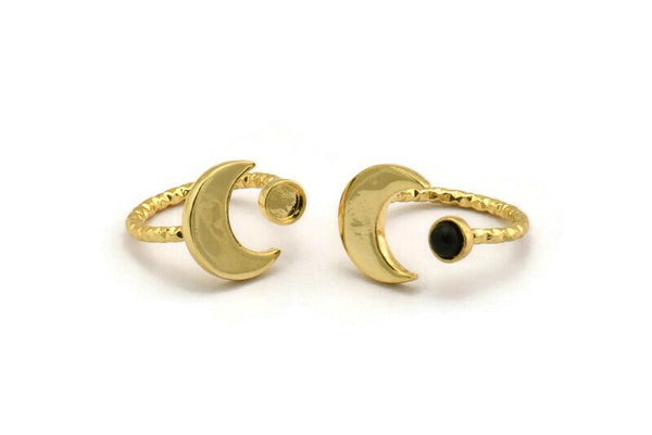 Gold Ring Setting, Gold Plated Brass Moon And Planet Ring With 1 Stone Setting - Pad Size 4mm N1068