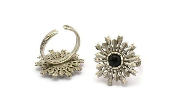 Silver Ring Settings, Antique Silver Plated Brass Snowflake Ring With 1 Stone Setting - Pad Size 6mm N0832