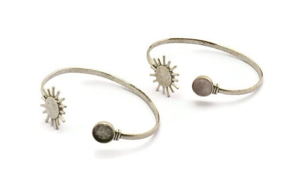 Silver Sun Cuff, Antique Silver Plated Brass Sun Cuff Stone Setting With 1 Pad -  Pad Size 10mm N1034