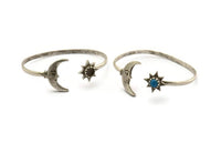 Silver Moon Cuff,  Antique Silver Plated Brass Moon And Star Cuff Stone Setting With 1 Pad -  Pad Size 6mm N1586