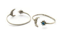 Silver Moon Cuff,  Antique Silver Plated Brass Moon And Star Cuff Stone Setting With 1 Pad -  Pad Size 6mm N1586