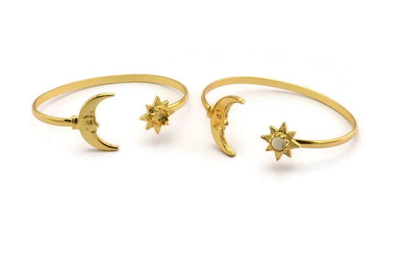 Gold Moon Cuff,  Gold Plated Brass Moon And Star Cuff Stone Setting With 1 Pad -  Pad Size 6mm N1586