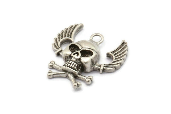 Silver Skull Pendant, Antique Silver Plated Brass Skull Charms With 1 Loop (26x27mm) N0196