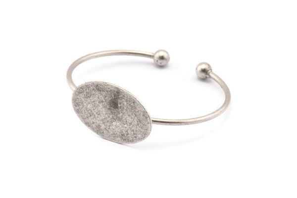 Open Bangle Ball End, Antique Silver Plated Brass Open Cuff With Ball Ending And Oval Blank V001 H1327