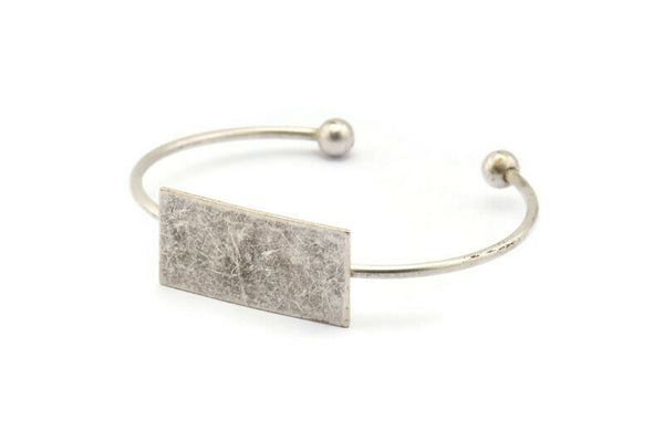 Open Cuff Ball End, Antique Silver Plated Brass Open Bracelets with Ball Ending and Rectangle Blank V002